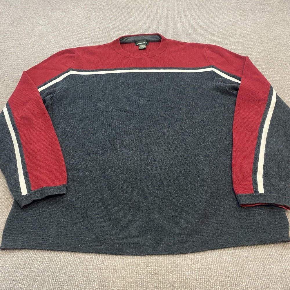 Eddie Bauer Sweater Mens XLT Gray Red Stripe Crewneck Knit Pullover Long Sleeve - Picture 1 of 7